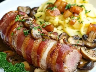 Schweinefilet im Speckmantel mit Champignons und Spätzle